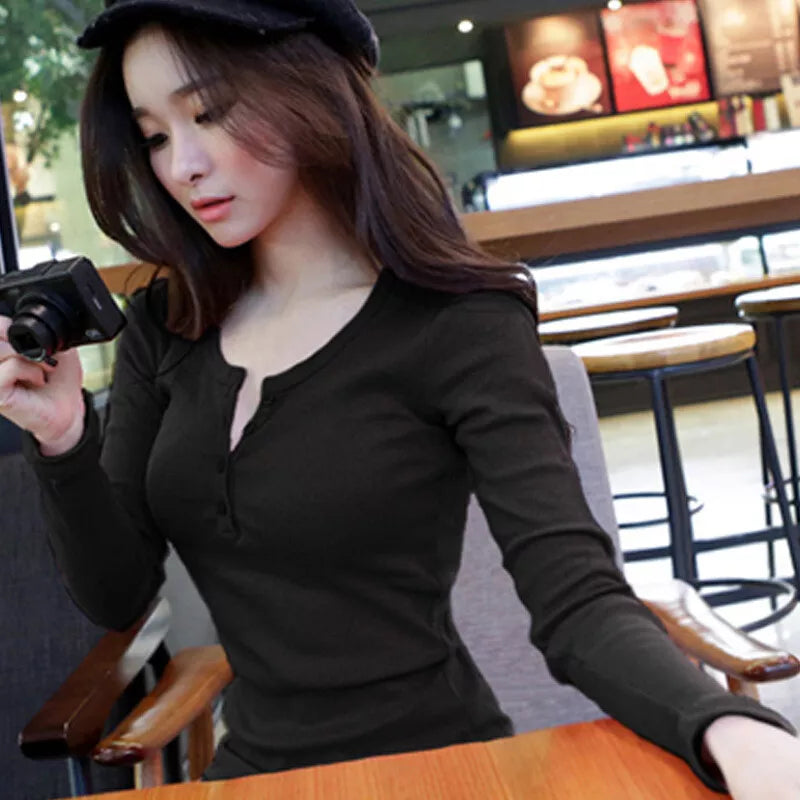 Women - Slim Long-Sleeved Shirt - Button-Down Front - Stylish & Comfortable Casual Top