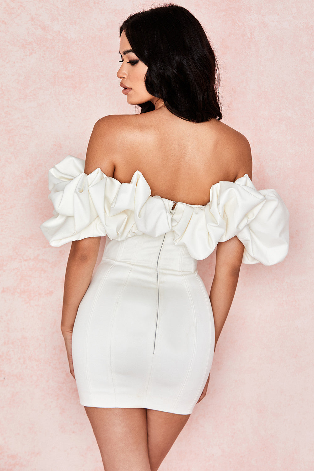 Satin strapless dress with ruffles