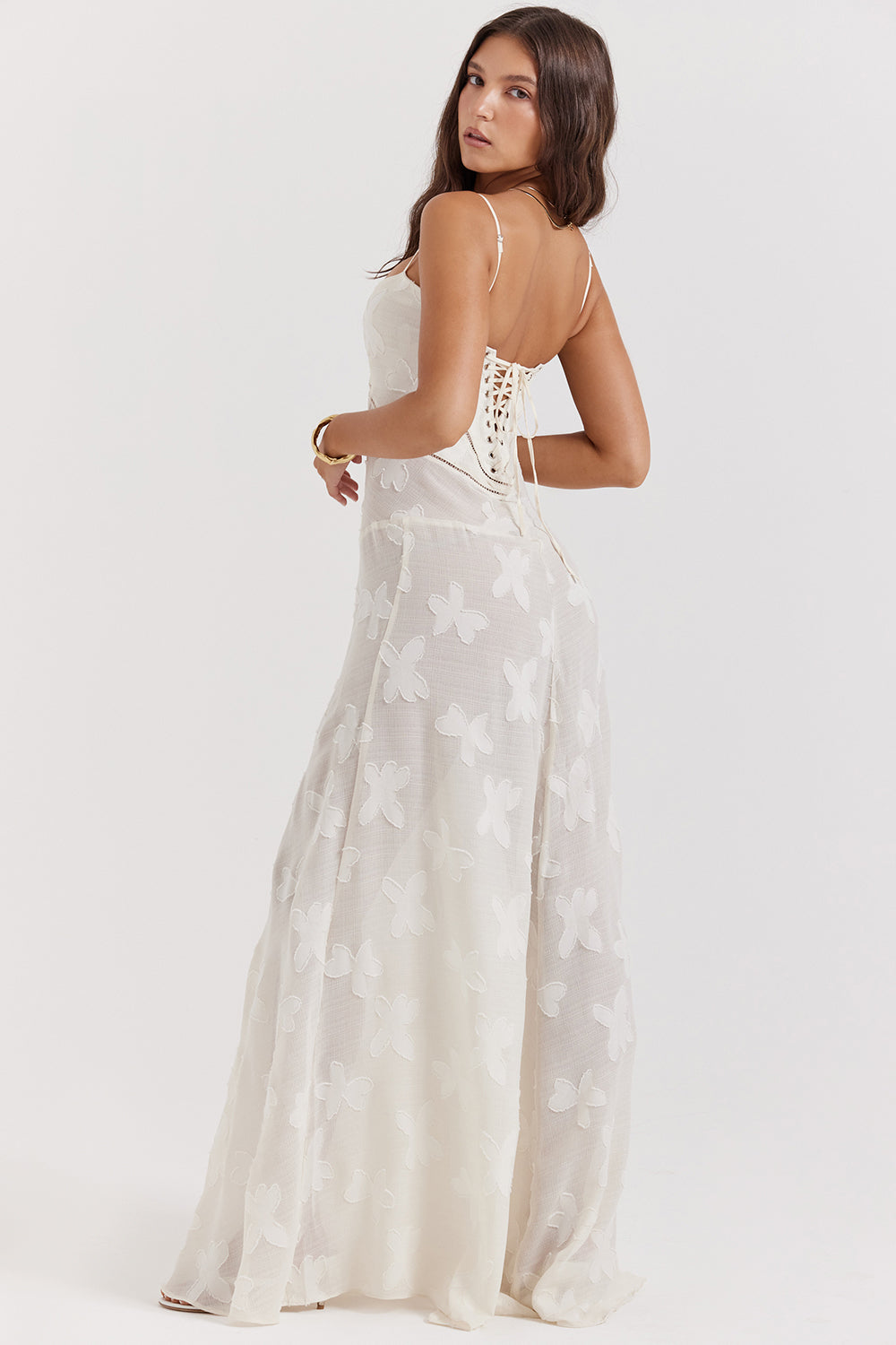 Retro Cream Maxi Dress With Lace Back Panel