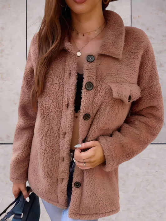 Warm and simple faux fur jacket with polo collar and button placket