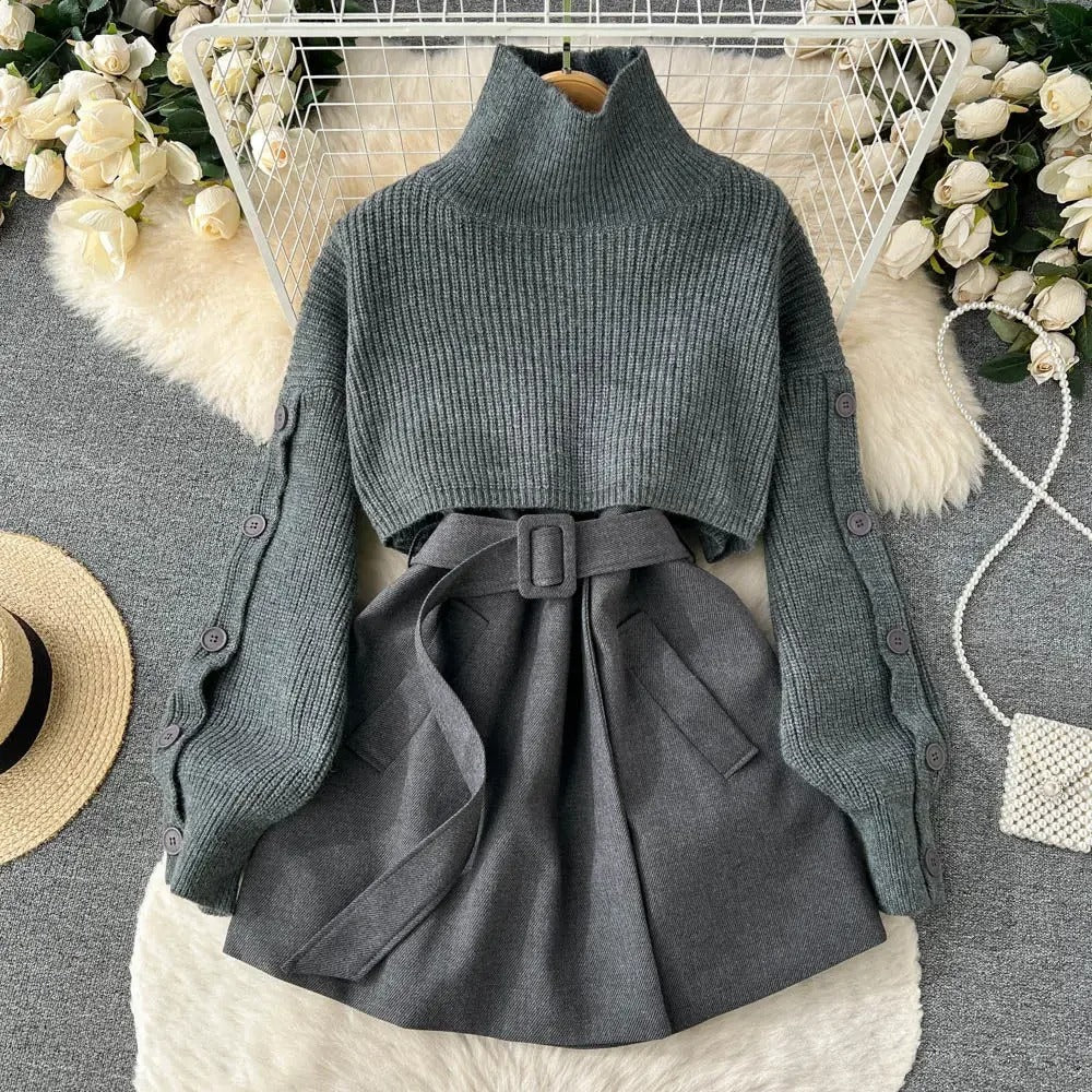 Women - Two-Piece Set - Short Jumper Cardigan & Skirt - Cozy Knit Style for Effortless Chic