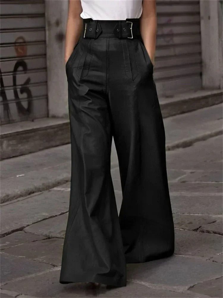 Women - High Waist Wide Trousers - Faux Leather - Trendy & Comfortable Fashion for Any Occasion