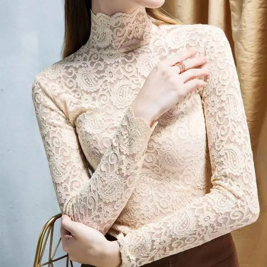 Women - Long-Sleeved Top - High Lace Design - Elegant and Stylish Fashion Blouse