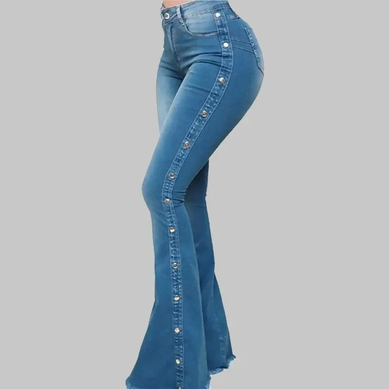 Women - Flared Stretch Denim Trousers - High-Waisted Style - Comfortable and Stylish Fit