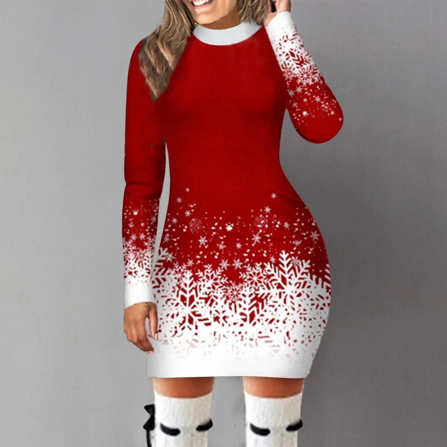 Women - Long-Sleeved Dress - Festive Christmas Print - Perfect Holiday Style