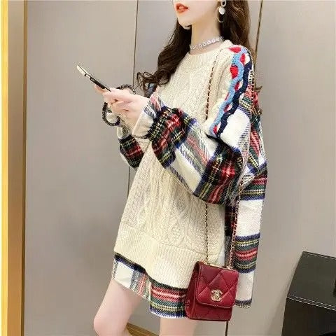 Women - Cable-Knit Jumper - Wide Check Design - Cozy Autumn Style