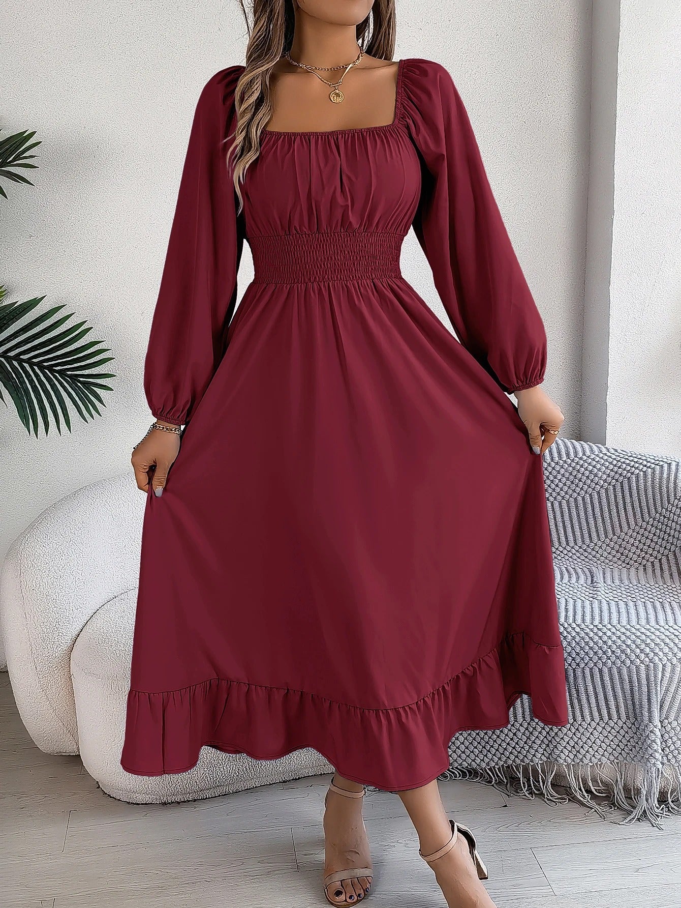 Women - Long-Sleeved Dress - Square Neckline & Gathered Edge - Elegant Casual Dress