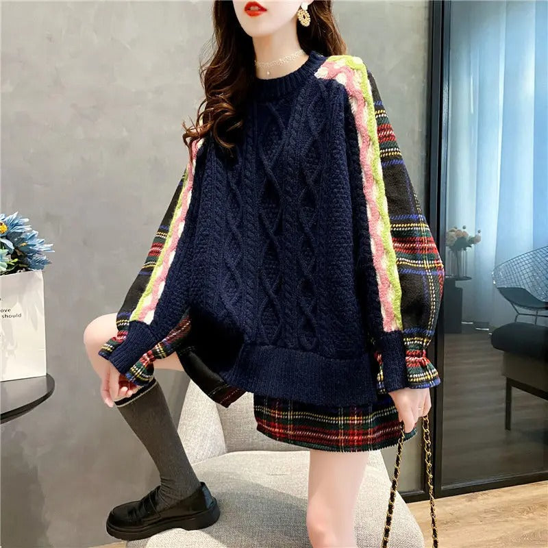 Women - Cable-Knit Jumper - Wide Check Design - Cozy Autumn Style