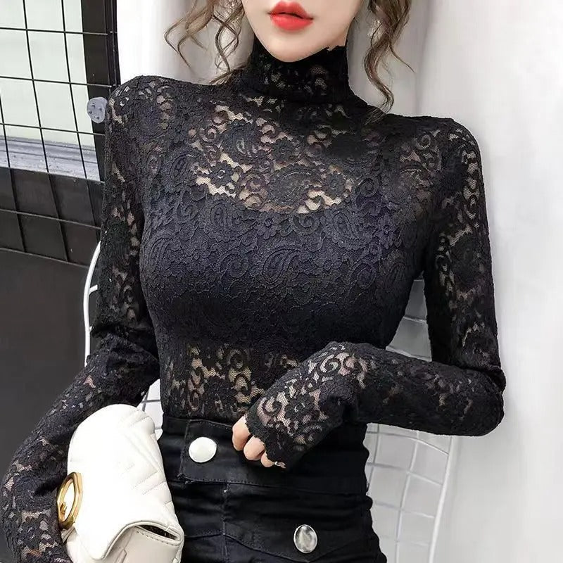 Women - Long-Sleeved Top - High Lace Design - Elegant and Stylish Fashion Blouse