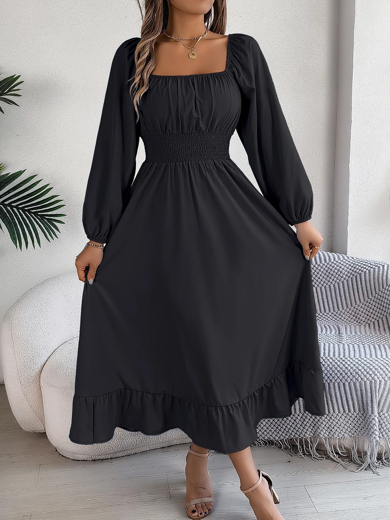 Women - Long-Sleeved Dress - Square Neckline & Gathered Edge - Elegant Casual Dress