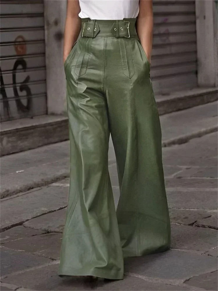 Women - High Waist Wide Trousers - Faux Leather - Trendy & Comfortable Fashion for Any Occasion