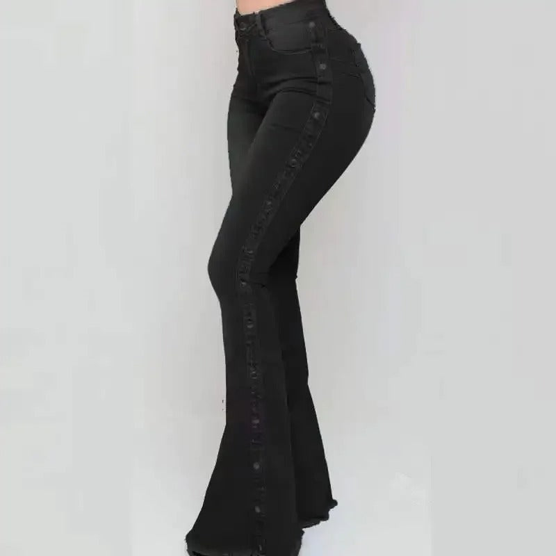 Women - Flared Stretch Denim Trousers - High-Waisted Style - Comfortable and Stylish Fit