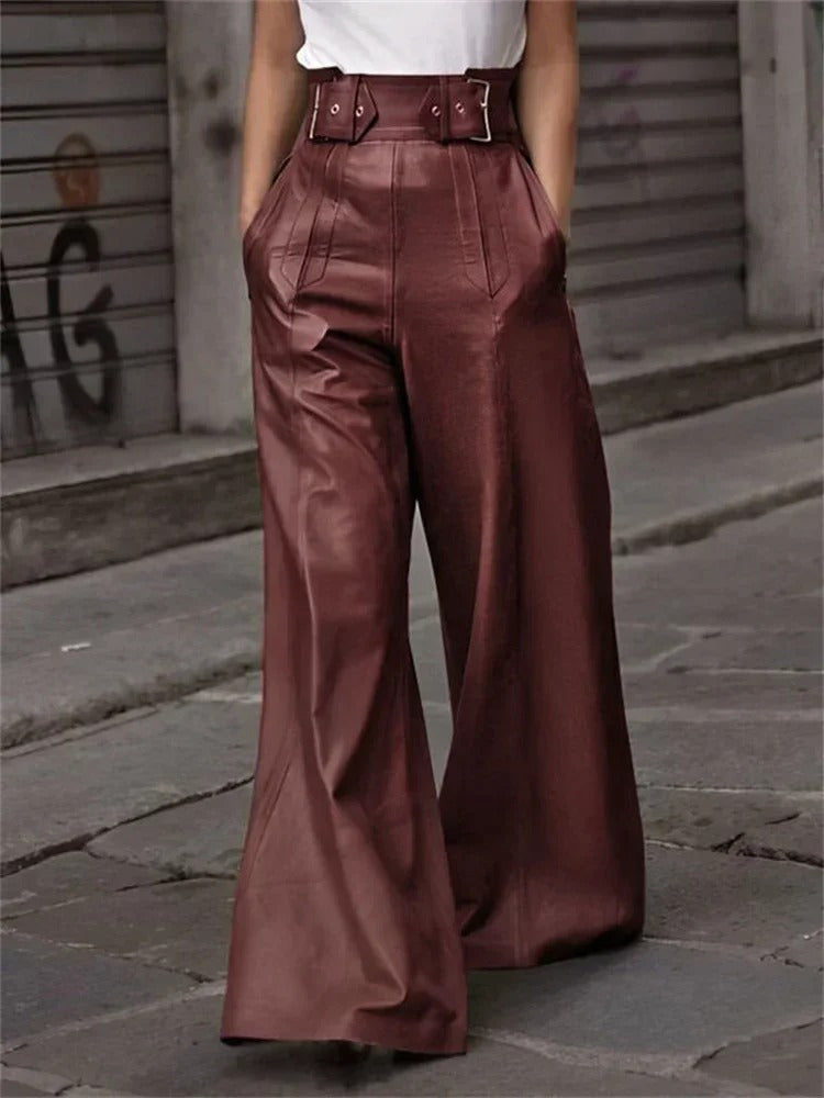 Women - High Waist Wide Trousers - Faux Leather - Trendy & Comfortable Fashion for Any Occasion