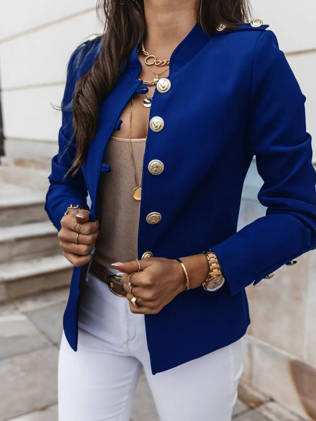 Women - Elegant Blazer Jacket - O-neck, Long Sleeves - Stylish & Versatile Attire for Any Occasion