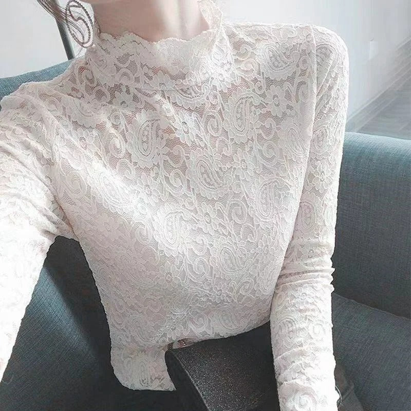 Women - Long-Sleeved Top - High Lace Design - Elegant and Stylish Fashion Blouse