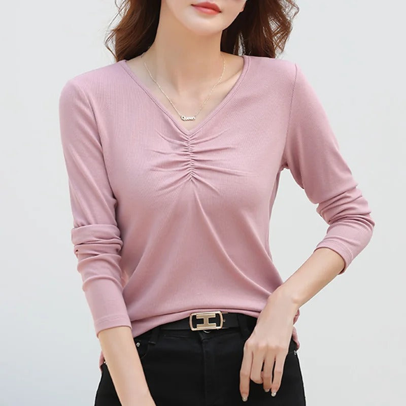 Women - Long-sleeved Knitted Top - V-neck Design - Comfortable and Stylish for Any Occasion