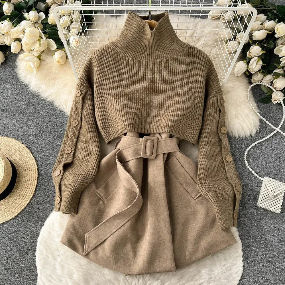 Women - Two-Piece Set - Short Jumper Cardigan & Skirt - Cozy Knit Style for Effortless Chic