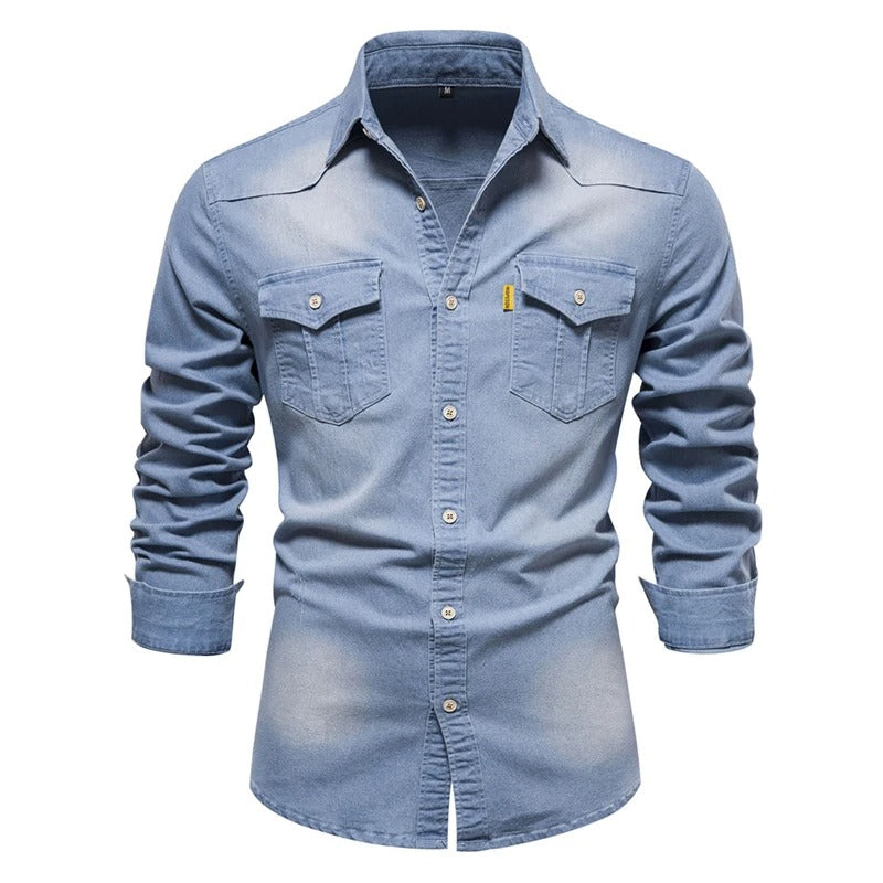 Simple blue windproof with button men's denim jackets