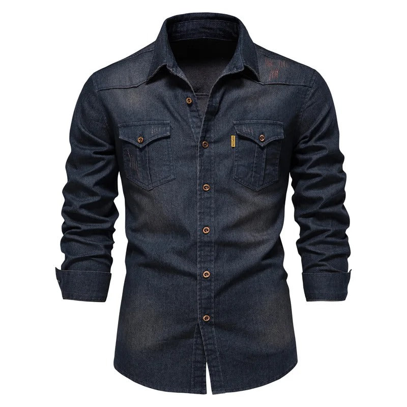 Simple blue windproof with button men's denim jackets