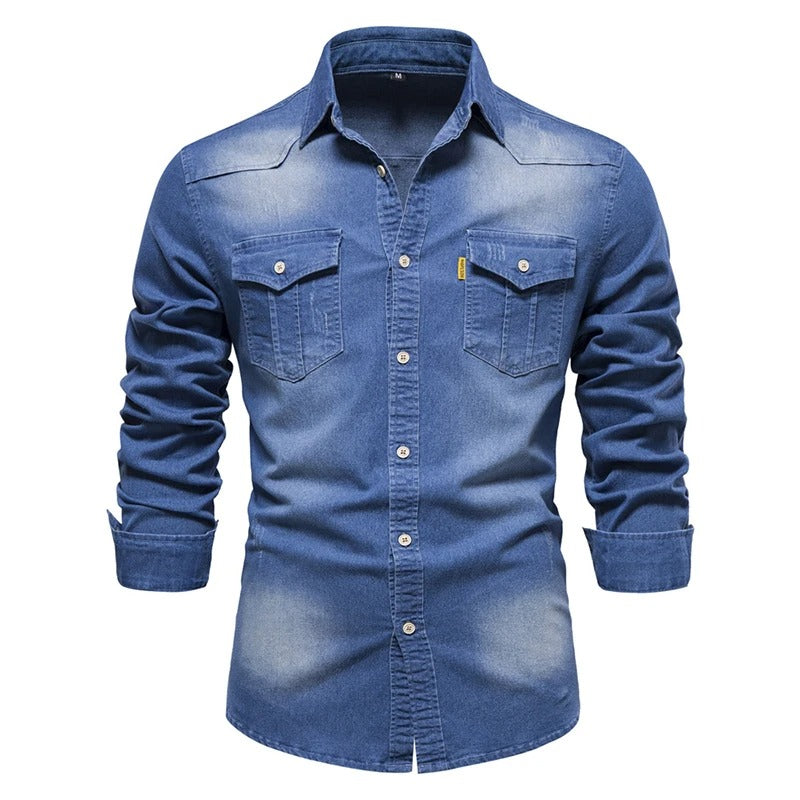 Simple blue windproof with button men's denim jackets