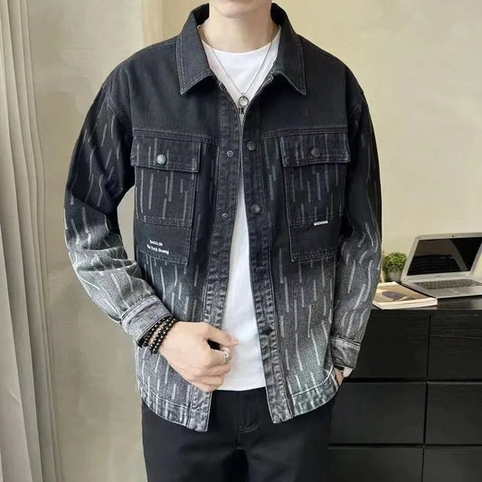 Men's denim jacket with reversible collar and lapel button