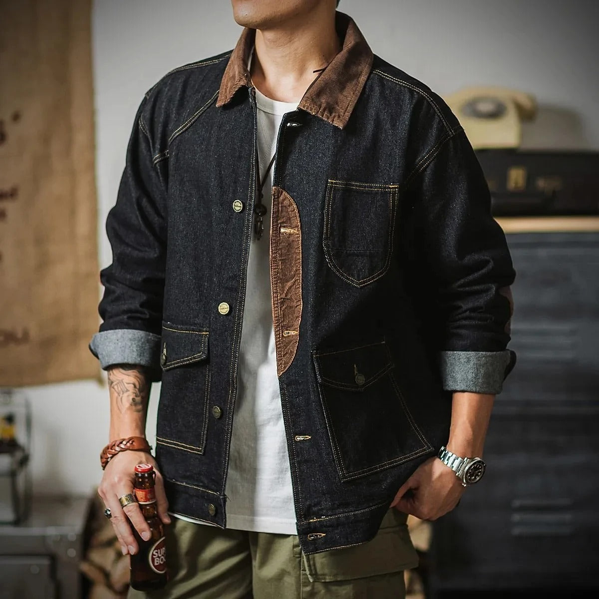 Patchwork turn-down collar men's denim jackets