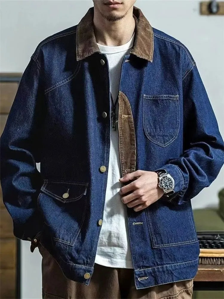 Patchwork turn-down collar men's denim jackets