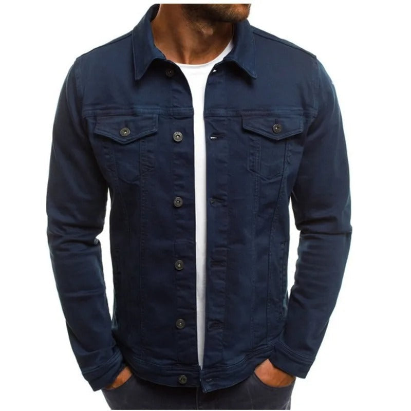 Red single slim fit with lapel button men's denim jackets