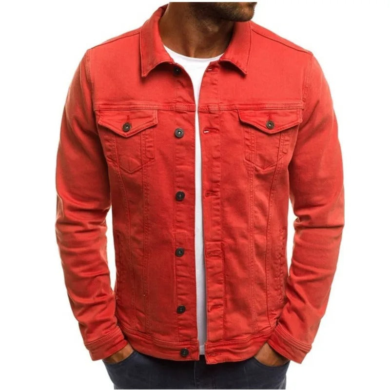 Red single slim fit with lapel button men's denim jackets