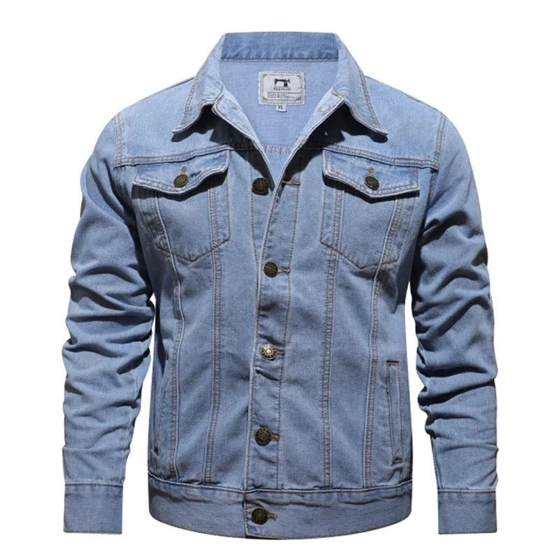 Narrow blue turn-down collar with lapel Men's denim jackets