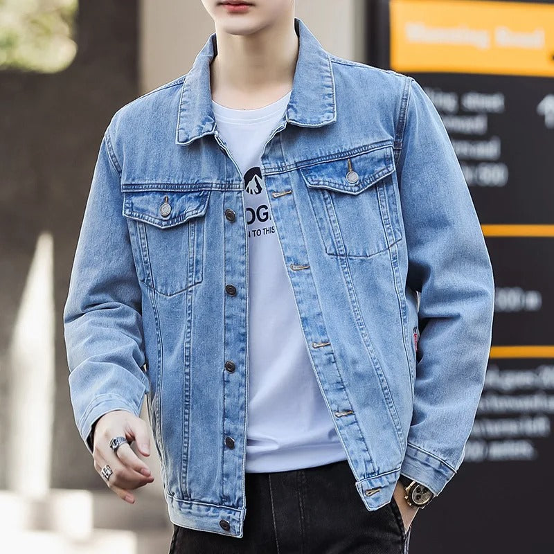 Men's denim jacket with turn-down collar