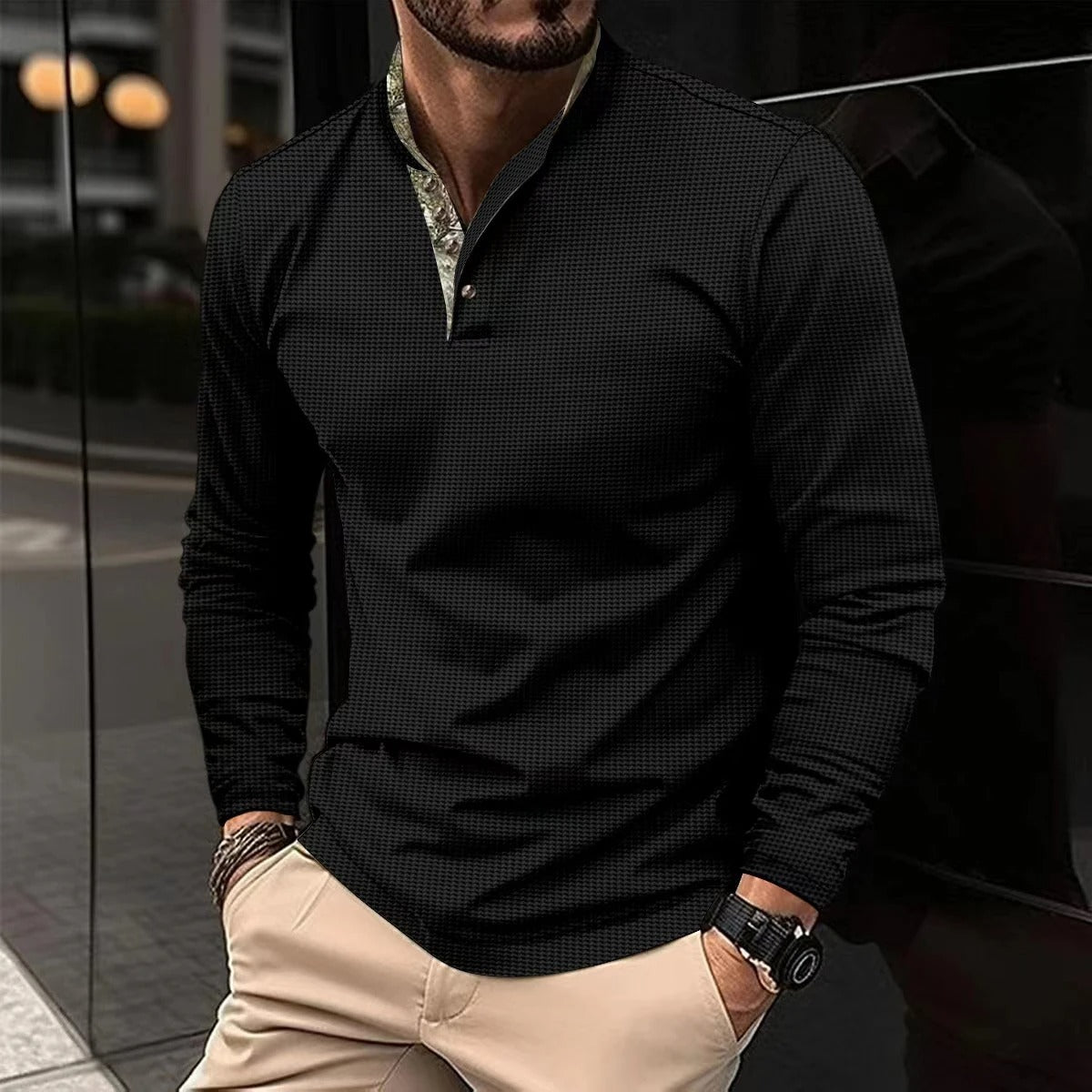 Stylish longsleeve polo with coloured collar for men