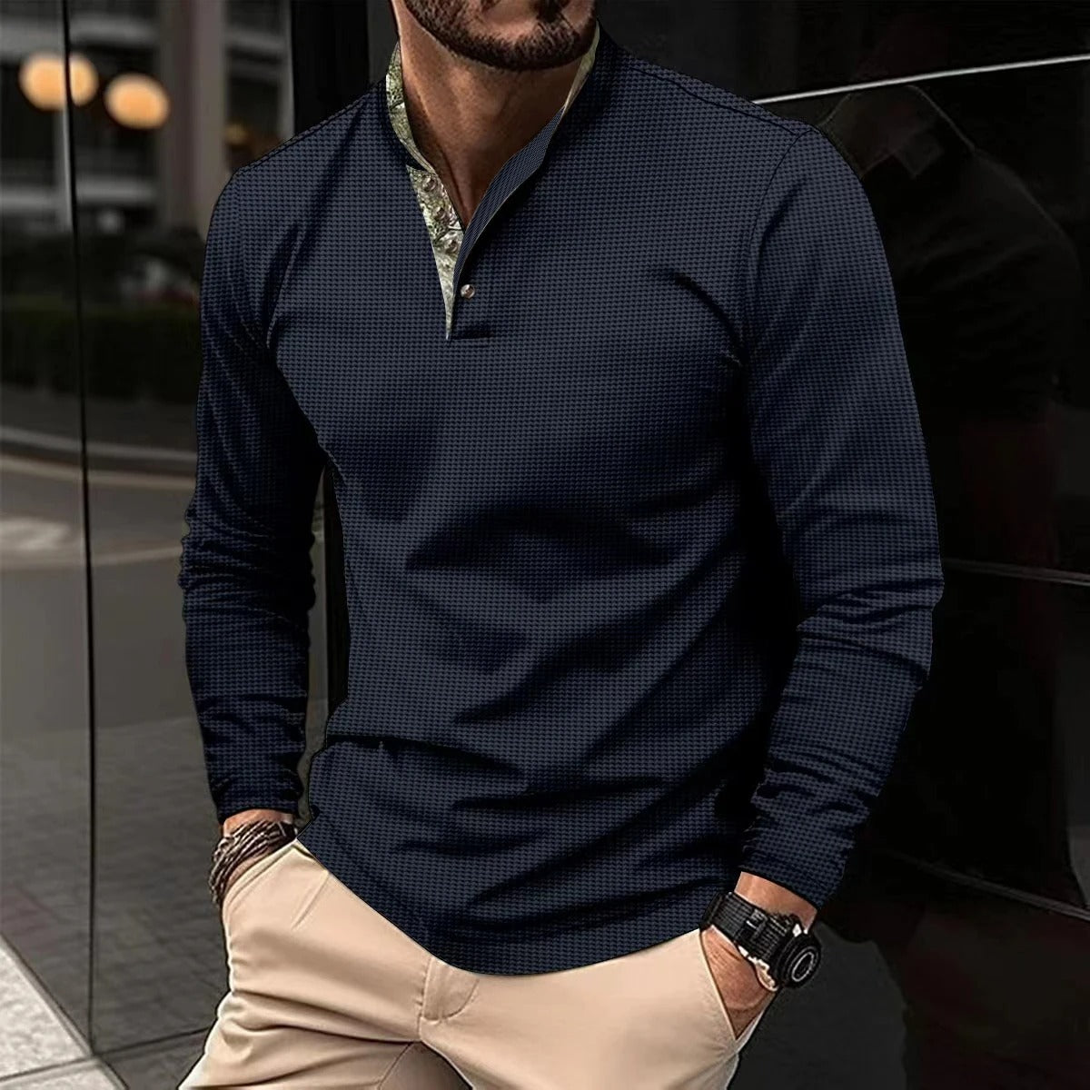 Stylish longsleeve polo with coloured collar for men