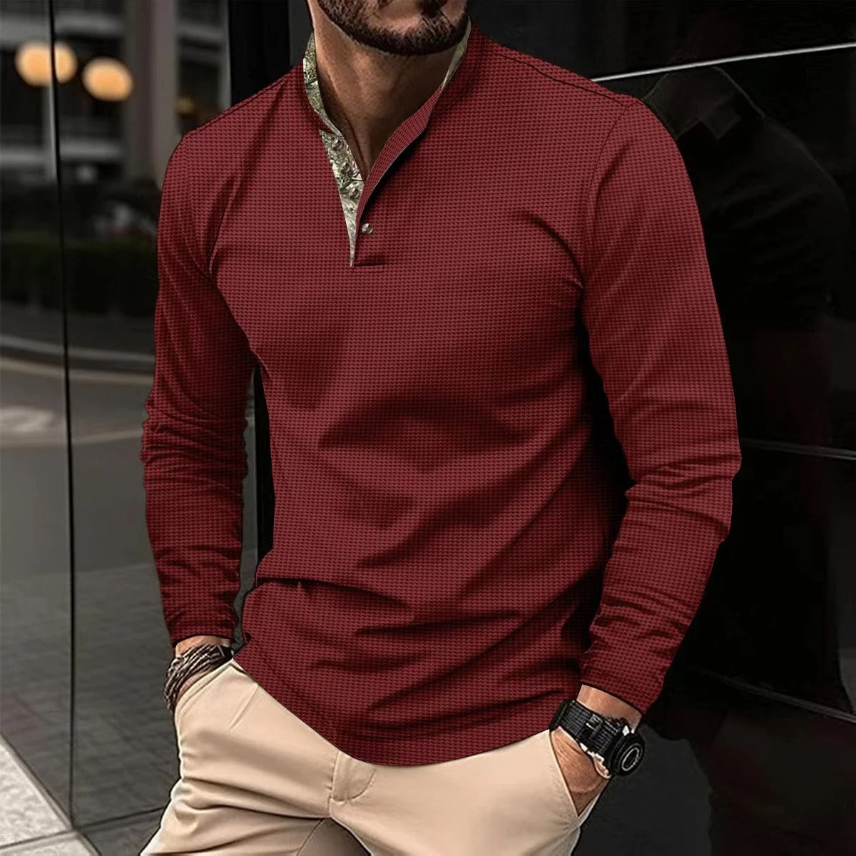 Stylish longsleeve polo with coloured collar for men