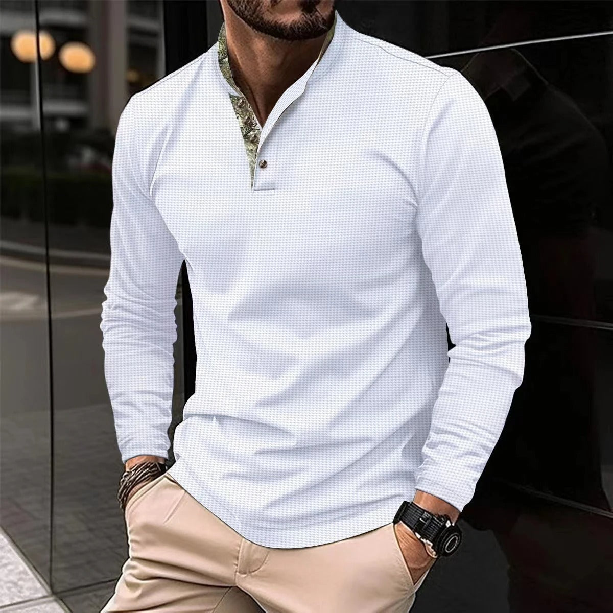 Stylish longsleeve polo with coloured collar for men