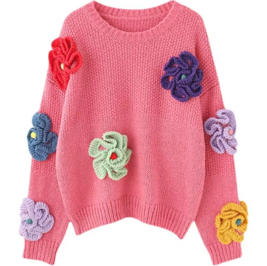 Vintage knitted jumper with 3D flowers