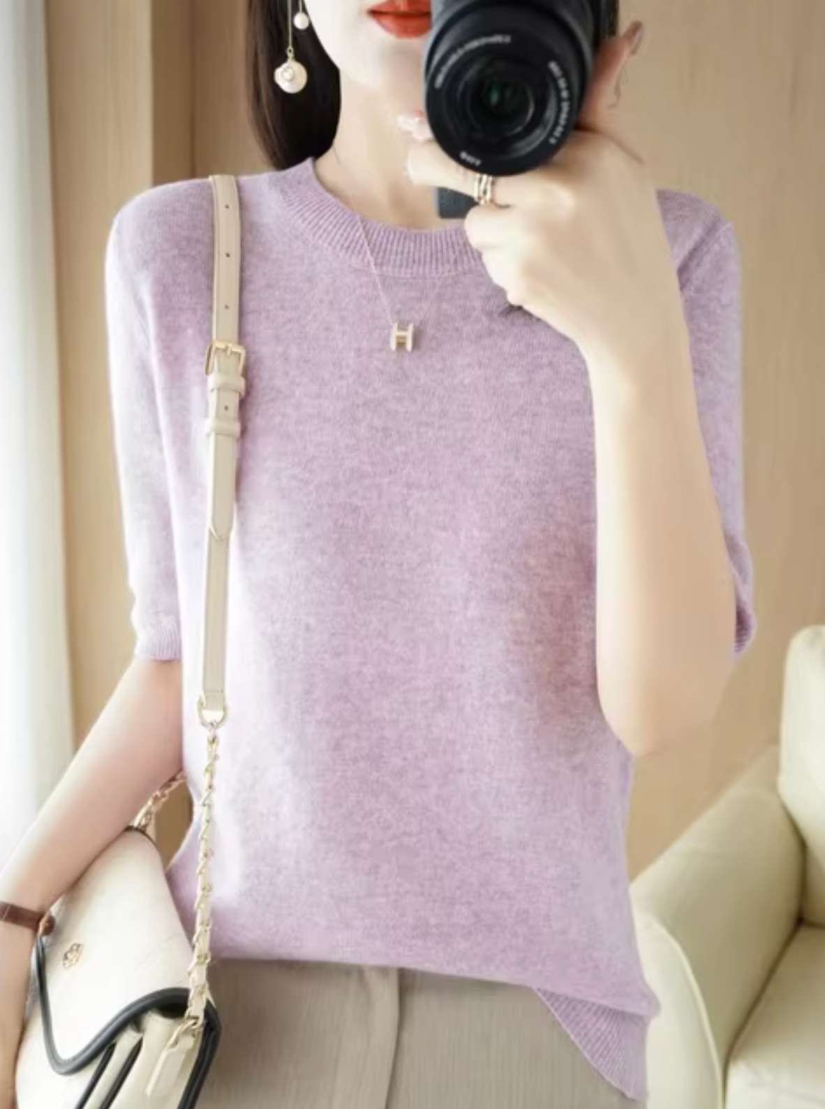 Short-sleeved wool and cashmere jumper