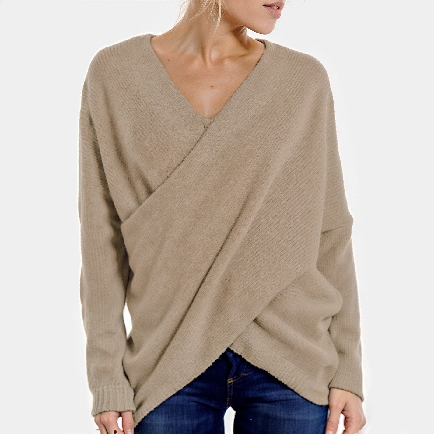 Women - Sweater - Cozy Knit - Stylish Crossed Jumper for All-Day Comfort